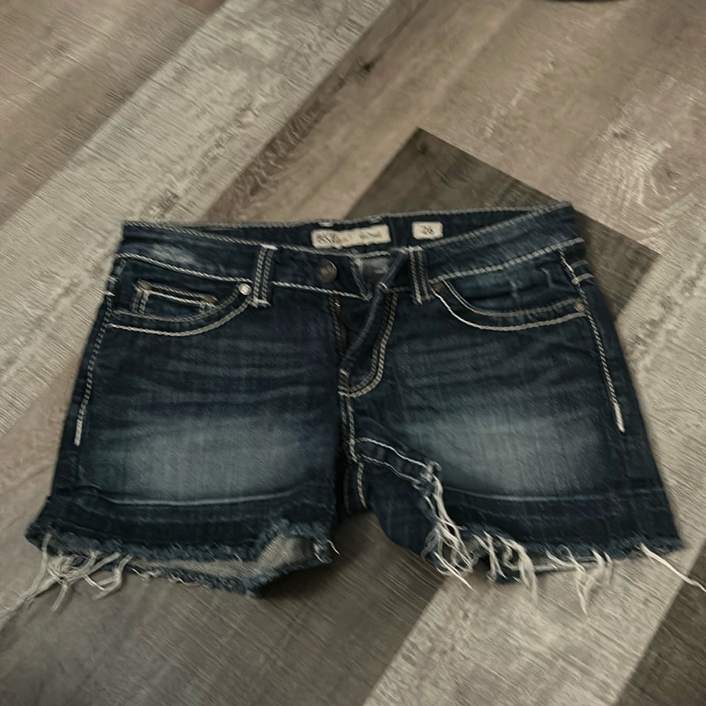 Buckle denim distressed shorts size 26